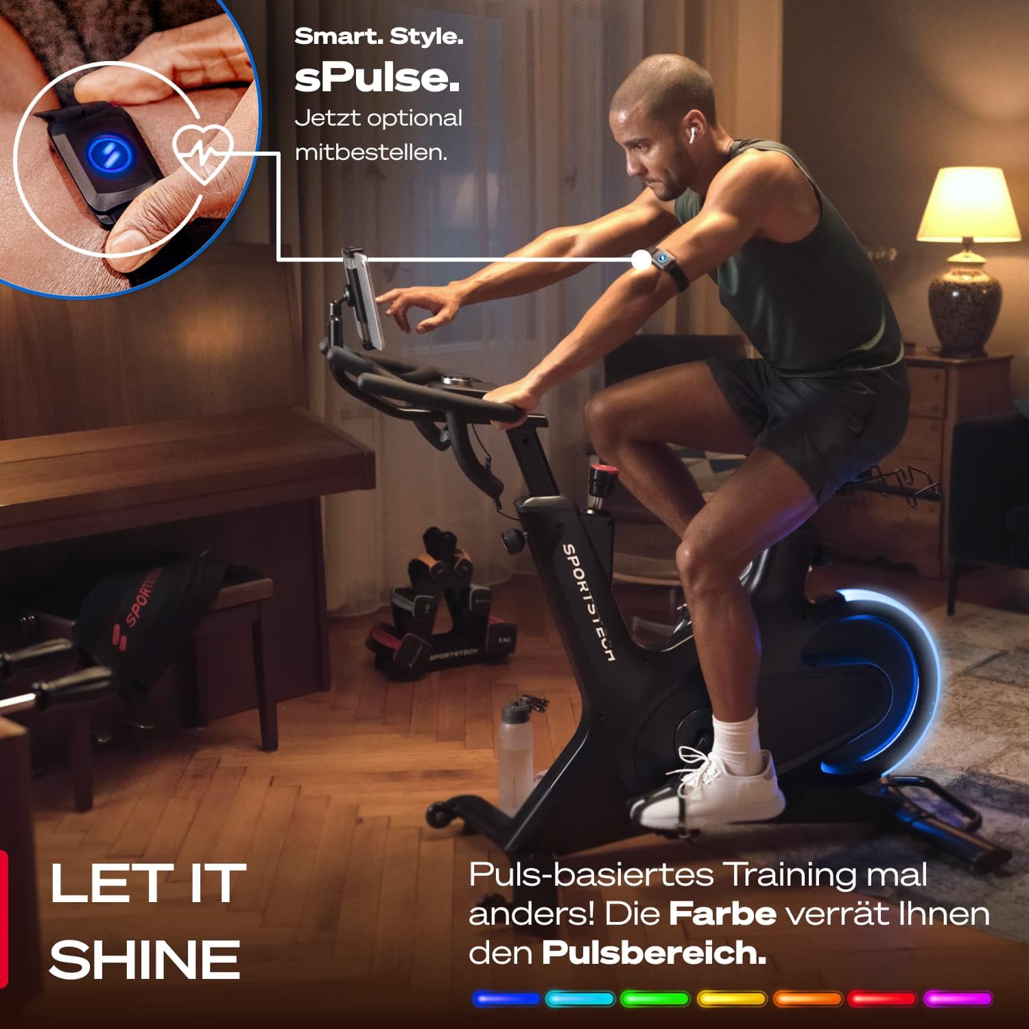Sportstech sBike Lite - Smartes Heimtrainer Fahrrad mit LED - Deutsche Qualitätsmarke - App mit Kursen und 360° Tablet-Halterung für Full Body Workout - Ergometer (sBike Lite Bundle)